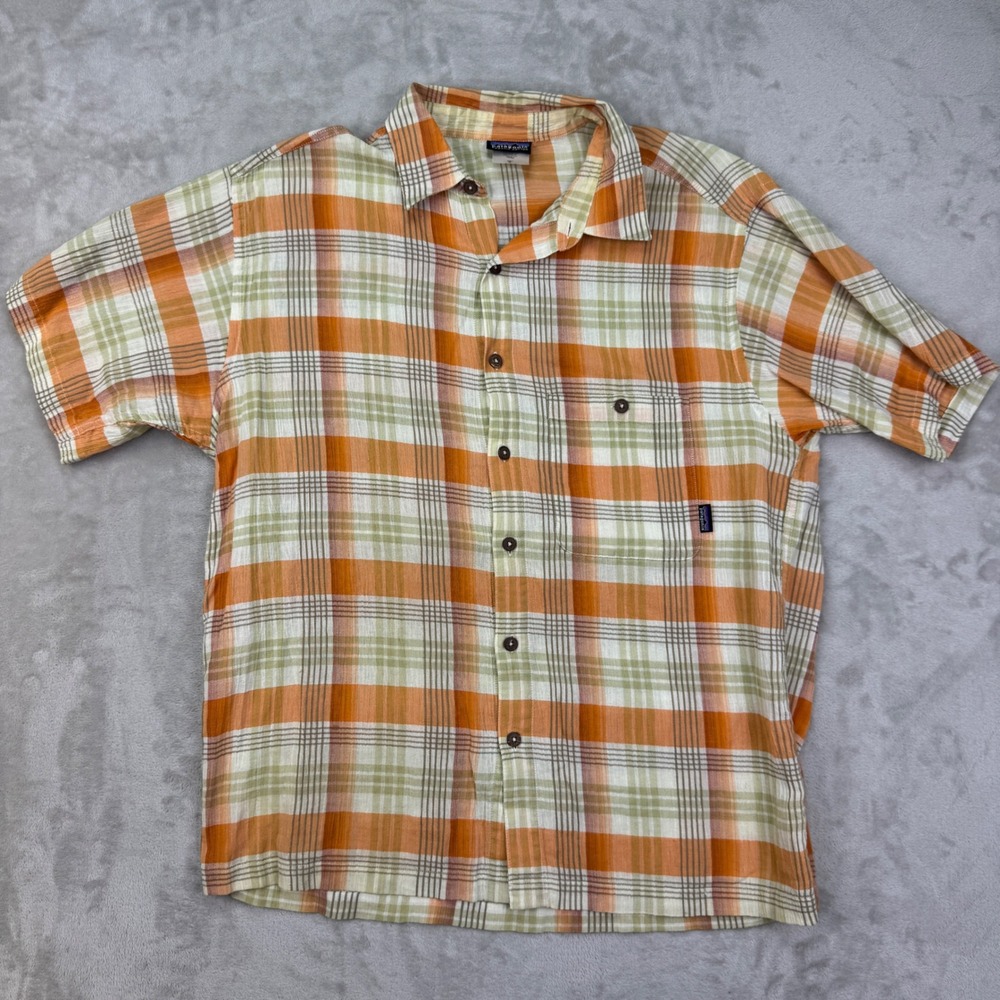 Patagonia AC Shirt Mens M Orange Plaid Crinkle Organic Cotton Seersucker Core